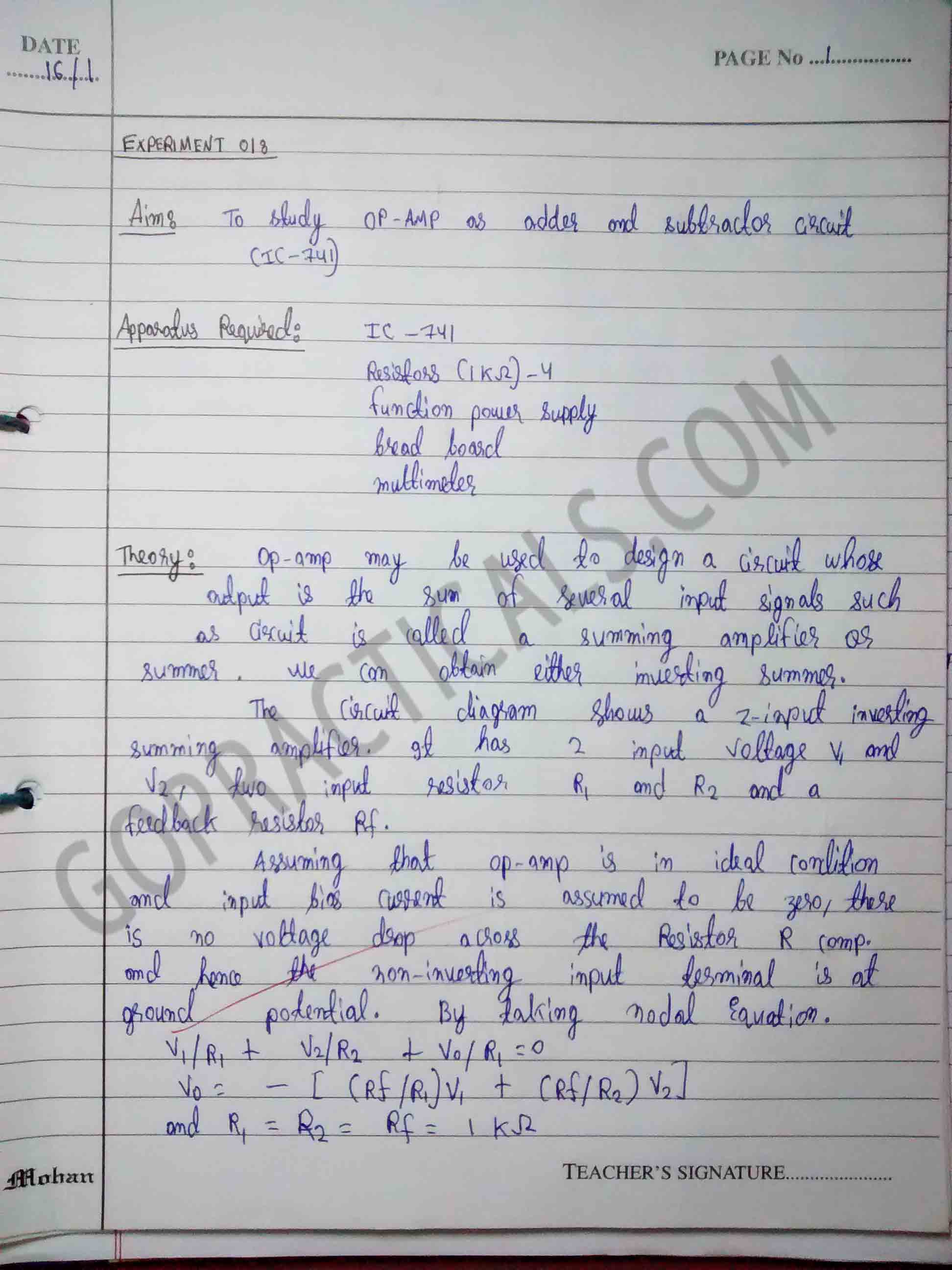 To Study Op Amp As Adder And Subtractor Circuit Aic Practical